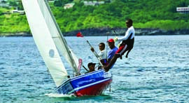 Bequia Youth Sailors put a ‘double-ender’ through its paces at a recent regatta on neighboring Young Island. © Graham Wiffen/grahamwiffenphotography.com
