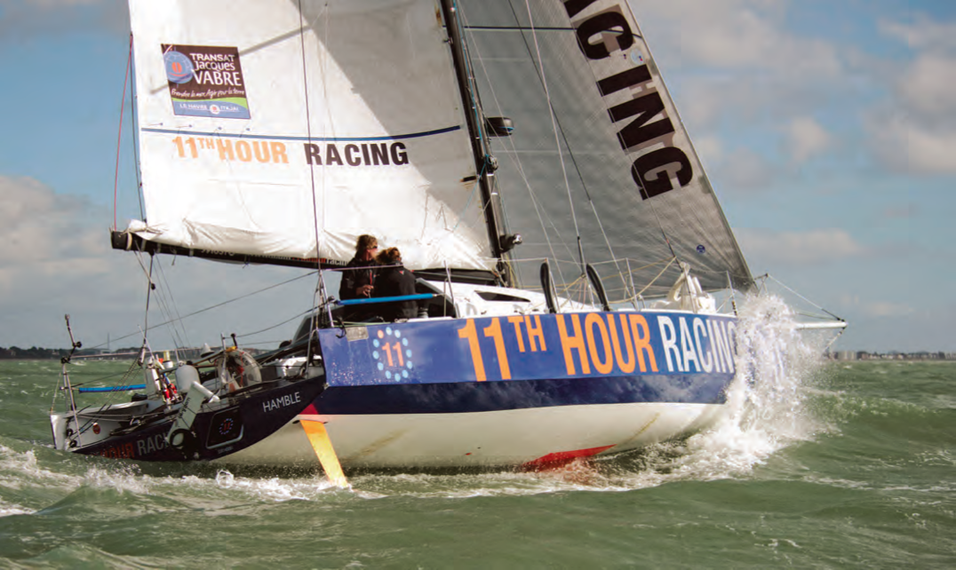 Pressing on despite a broken forestay, electronics failure and a leak that threatened to sink their Class40, Team 11th Hour Racing’s Hannah Jenner and Rob Windsor completed the Transat Jacques Vabre. © Team11thHourRacing.com