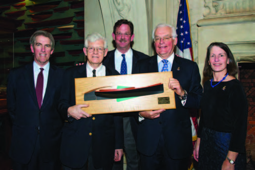 John Rousmaniere after receiving the William P. Stephens Award at the New York Yacht Club. Pictured (left to right) are Samuel W. Croll III, John Rousmaniere, Steve White, Barclay Collins and Sheila McCurdy. © Dennis Murphy/Mystic Seaport