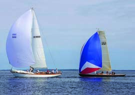 Puffin, a classic Aage Nielsen sloop, and Ginger, a Spirit of Tradition daysailer recently built by Brooklin Boat Yard, make a striking pair. © Billy Black
