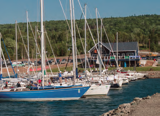 The Race the Cape fleet is hosted by yacht clubs and marinas around Cape Breton. Pictured here is Ben Eoin Marina in East Bay, the largest marina on Bras d’Or. © Shawn Dunlop