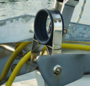Selden Spars is one of several hardware manufacturers who offer “off the shelf” bowsprit retrofits. This version has the outboard support fastened to the unused bow roller.