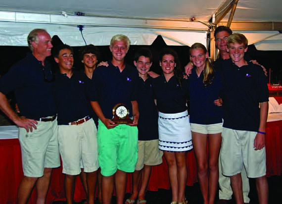 The winning team of (l – r) Peter Becker, Collin Alexander, Sam Papert, Will McKeige, Sean Walsh, Haley Rodriguez, Carina Becker, Doug McKeige and Key Becker celebrates at Stamford Yacht Club. Not pictured is Madelyn Ploch. © Rick Bannerot