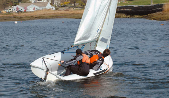 Fairfield Prep Sailing Team members Matt Jaykus (helm) and Ryan Belger execute a smooth roll tack during a practice session at Pequot Yacht Club in Southport, CT.