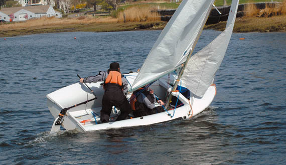 Fairfield Prep Sailing Team members Matt Jaykus (helm) and Ryan Belger execute a smooth roll tack during a practice session at Pequot Yacht Club in Southport, CT.