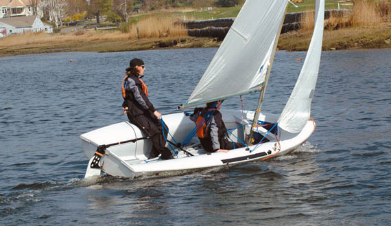 Fairfield Prep Sailing Team members Matt Jaykus (helm) and Ryan Belger execute a smooth roll tack during a practice session at Pequot Yacht Club in Southport, CT.
